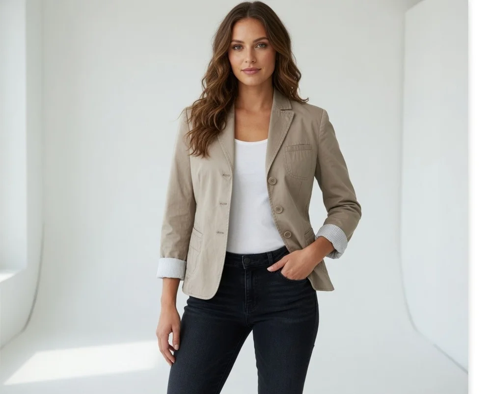 Calvin Klein Women's Tan Cotton Long Sleeve Blazer M (40-42) 3 Button Lined G+